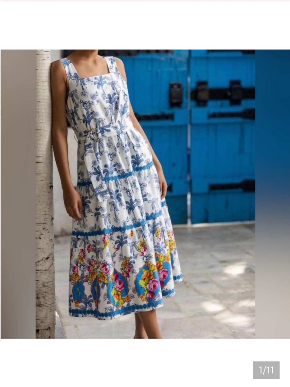 NWOT Emily Lovelock Blue White Maxi Dress Medium